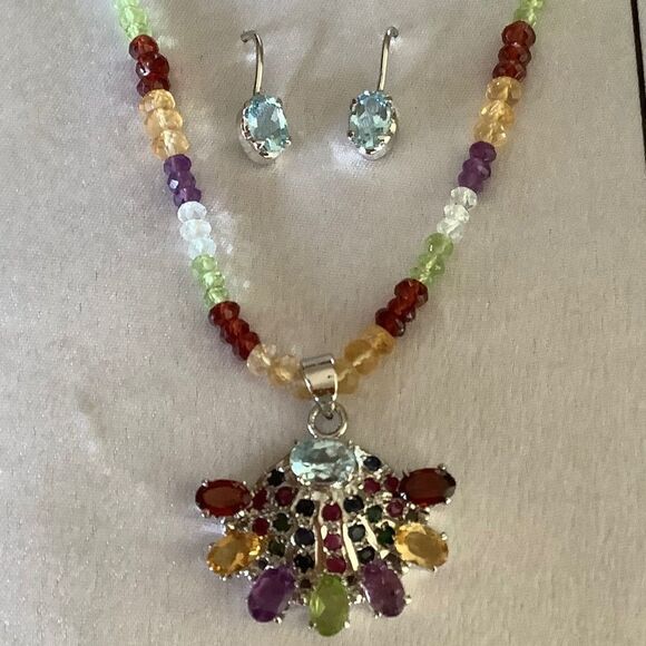 STERLING SILVER 925 MULTICOLORED GEMSTONE NECKLACE/EARRINGS SET​​ - Picture 1 of 5